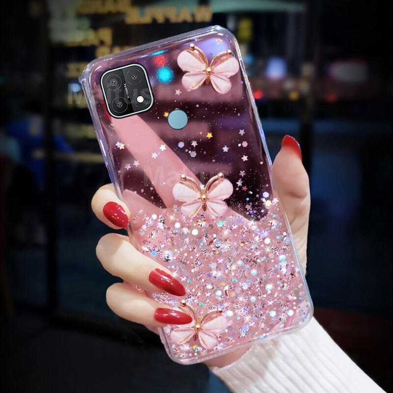 For OPPO A15S / A15 Case, Fashion 3D Butterfly Glitter Sequin Sparkle Starry Space Phone Cases Clear Soft TPU Silicone Bumper Bling Shockproof Protective Casing Back Cover Women Girls Lady
