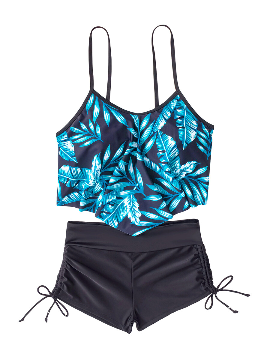 Happybuyner Zomer Twee Stukken Badpakken Vrouwen Beachwear Bladprint Sling Bikini Bh Tops + Trekkoord Shorts Hoge Taille_voghion.com