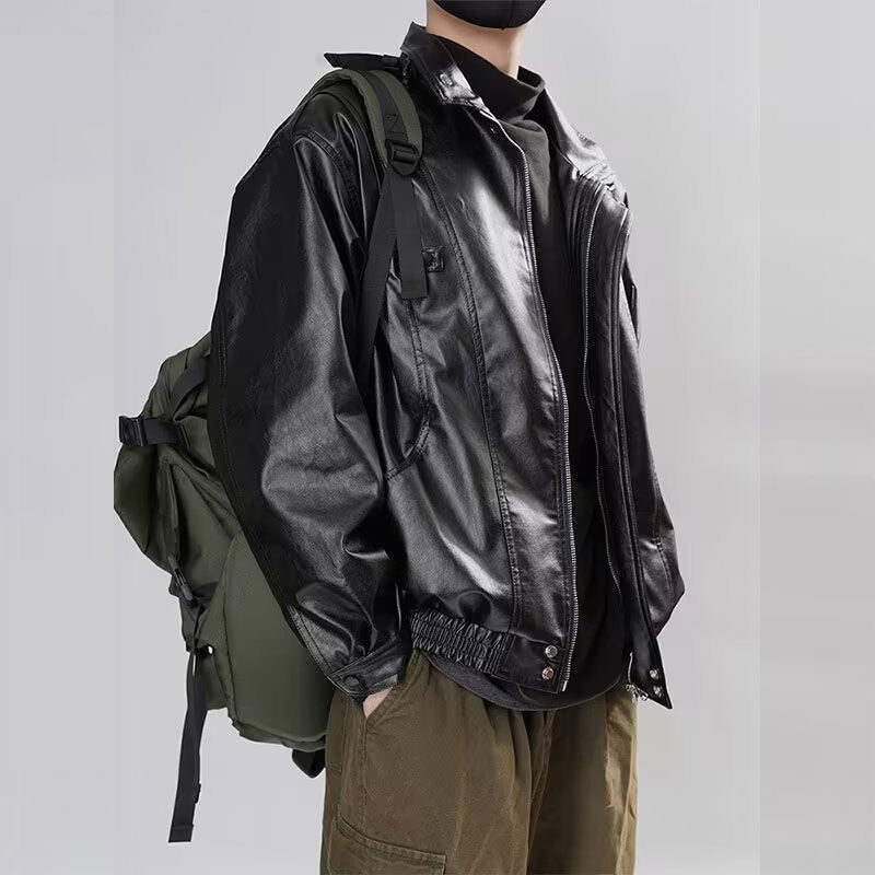 VUNC Men's classic simple oversized cowhide stand collar black leather jacket biker leather jacket