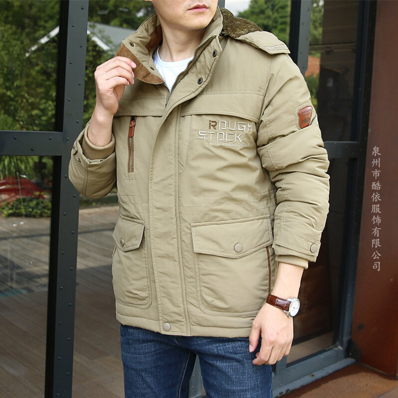 Winter Jacket Men Thick Padded Parka Fleece Liner Coat New Fur Collar Hooded Warm Outwear Male Multi-Pocket Windproof Overcoat