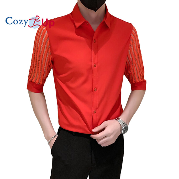 Cozy Up British Style Men Shirt Half Sleeve Solid Color Lapel Slim Fit