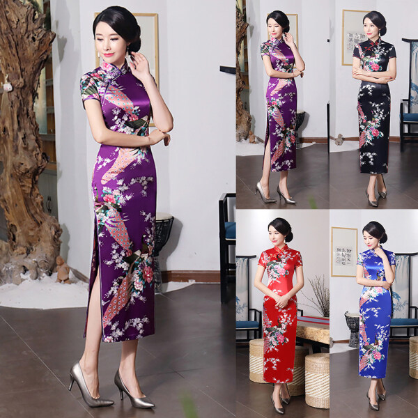 Nơi bán Meek Fantisia Váy Midi Dự Tiệc Sườn Xám Xẻ Gấu Con Công Ngắn Tay Trung Quốc Cho Nữ