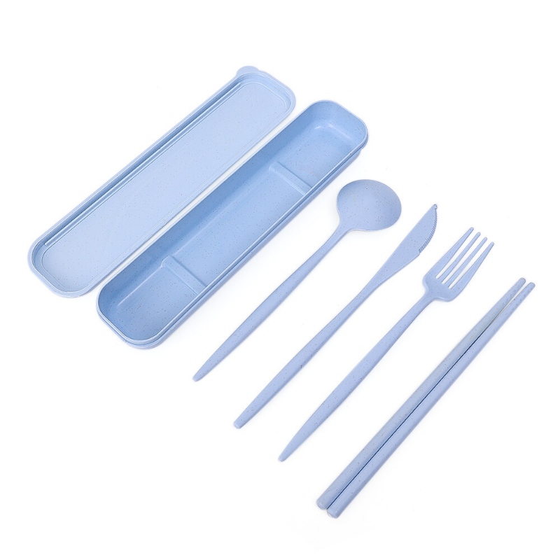 4pcs/set Cutlery Wheat Straw with Box Students Tableware Travel Portable Dinnerware Spoon Fork Chopsticks Kitchen Meal Box