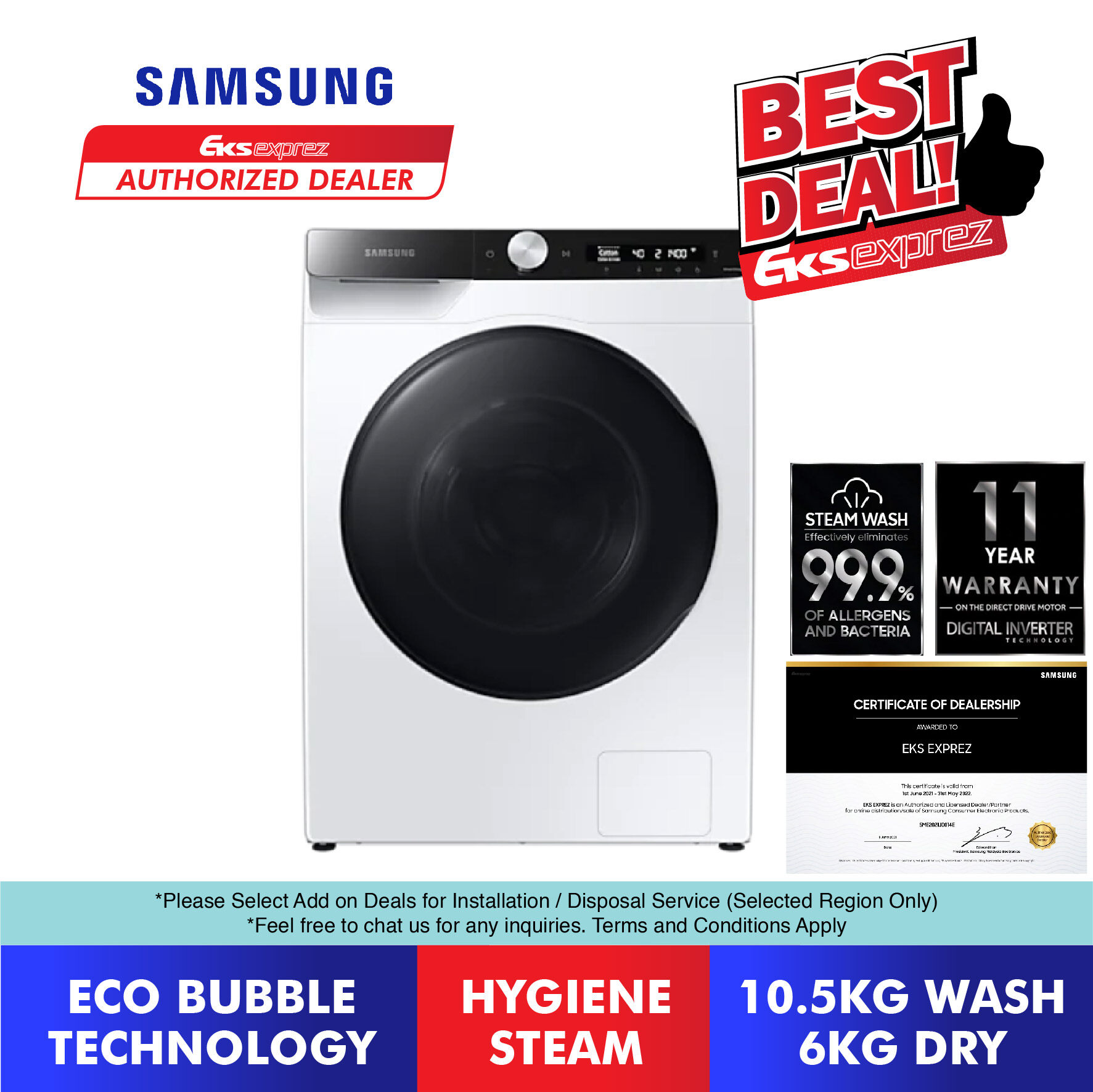 Samsung Washer Dryer (10.5KG / 6KG) WD10T504DBE/FQ , Front Load Washer