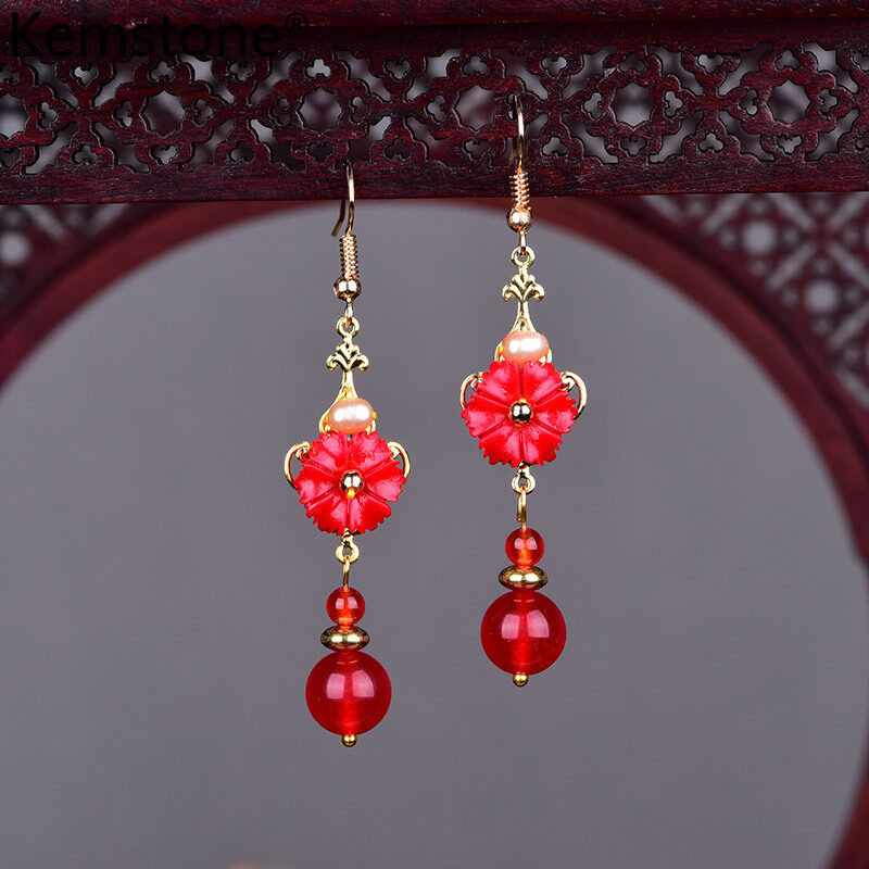 Kemstone Ethnic Style Red Flower Stone Beads Pearl Drop Earrings Jewelry Gift for Women Girls