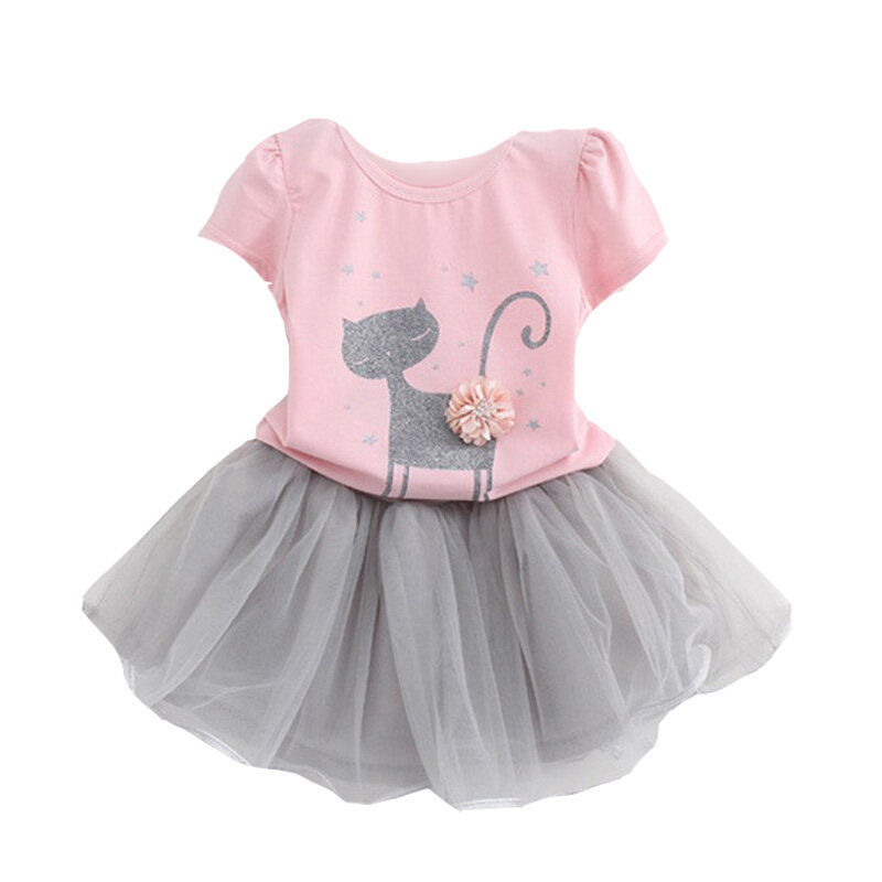 2Pcs Kids Girls Cat Print T-shirt Tops Mesh Bowknot Tutu Dress Skirt Outfits Set