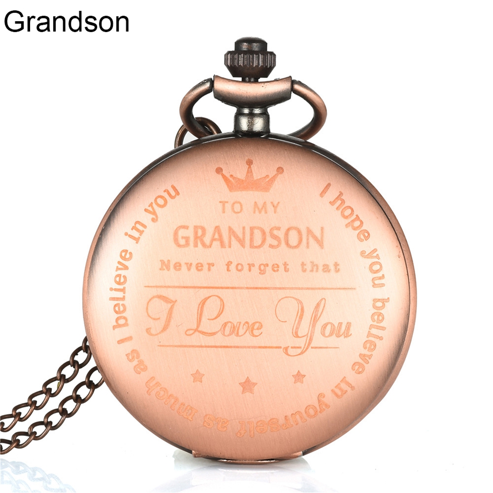 To My Son Grandson English Letter Carved Pendant Analog Quartz Pocket Watch Gift