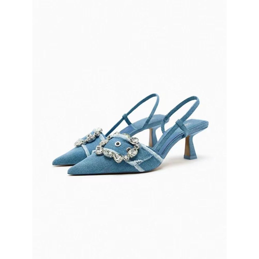2024 Autumn zaraˉNew Toe Cap Sandals Women's, Blue Denim High Heels Pointed Toe Rhinestone Buckle Stiletto Heel Pumps