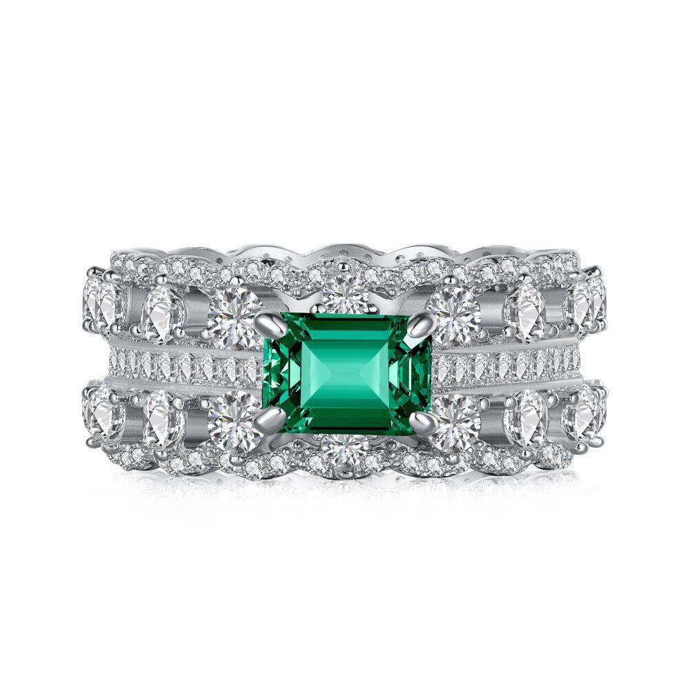 S925 Sterling Silver Jewelry Women's Green Diamond Luxury Double Row Full Diamond Ring