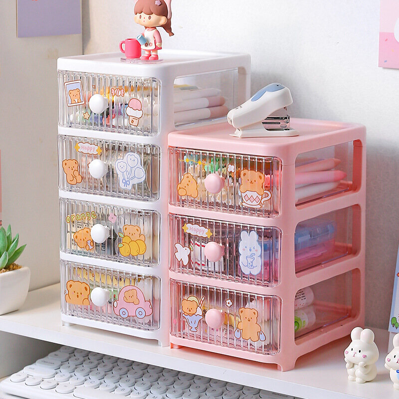 Office drawer type cartoon desktop storage box storage cabinet plastic multi-layer dormitory stationery cosmetics storage box