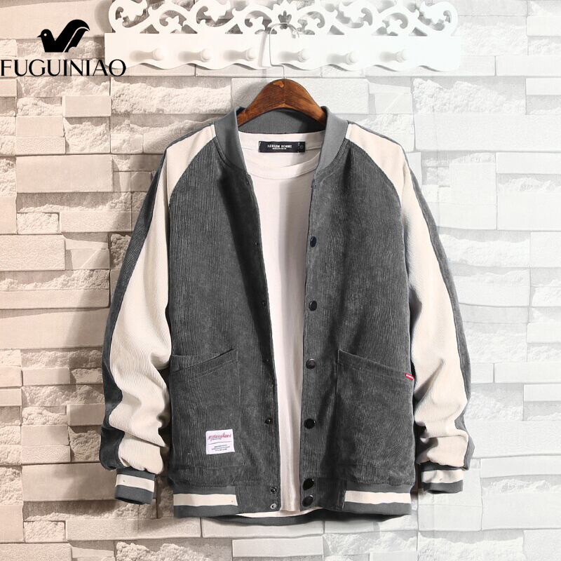FUGUINIAO Men's Jacket Baseball Uniform Corduroy Patchwork Pilot Fashion