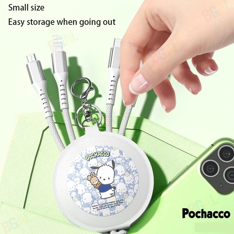 (66W)100% Authentic Sanrio Accessories 3 in 1 Charging Cable with Mirror & Keychain Kuromi USB Cable Type C Lightning Cable Retractable Micro USB Cable Fast Charging for iOS and Android Smartphone Birthday Gift Cinnamoroll AQ7
