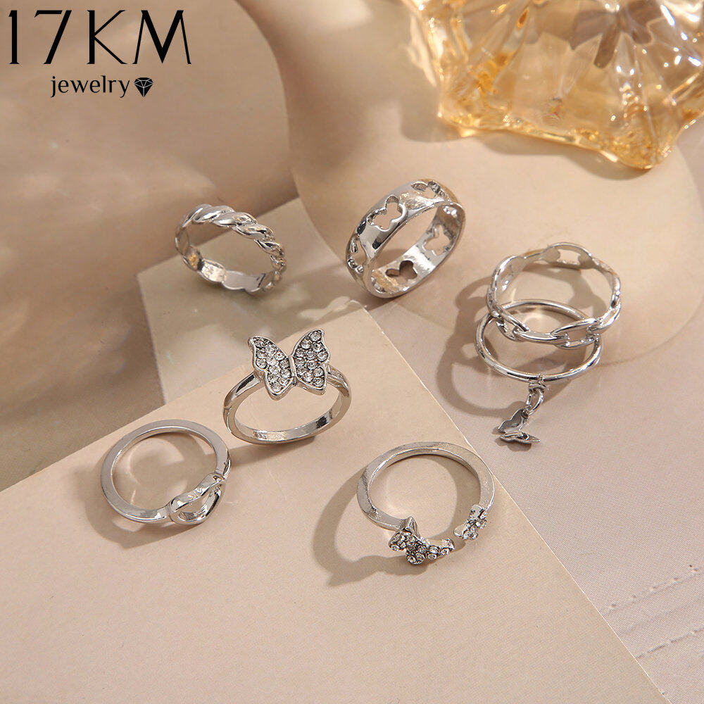 17km màu bạc Zircon Nhẫn Bướm thiết lập cho phụ nữ cô gái thời trang mới cổ điển Nhẫn có hình trái tim nữ Phụ kiện trang sức quà tặng