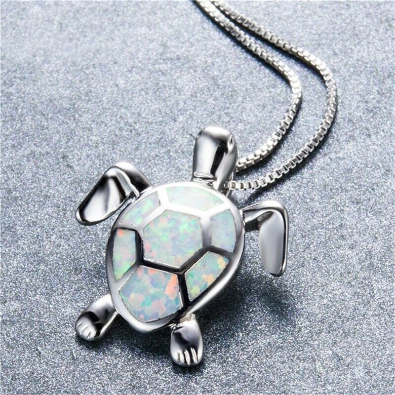 Cute Tortoise Animal Pendant Necklace & Earrings Mysterious Green Fire Opal Necklace Jewellery Set