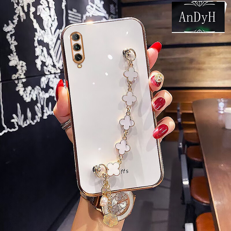 AnDyH Straight Edge Plating Phone case For Huawei Y9S casing,Precise Camera Protection cases Cute girl style cover with Four leaf clover bracelet