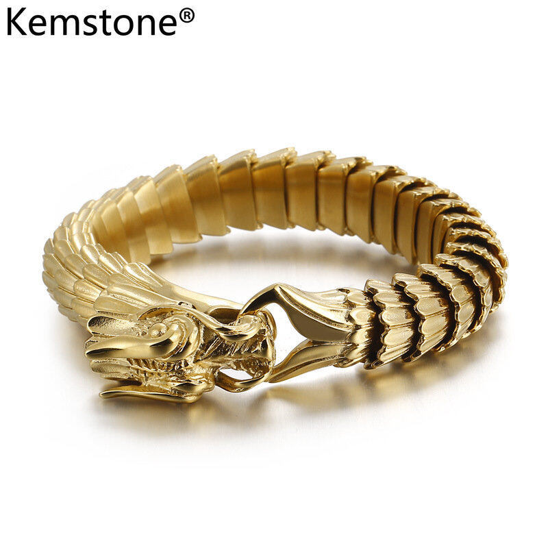 Kemstone Domineering Stainless Steel Silver Black Gold Plated Dragon Cuff Bangle Bracelet Jewelry Gift