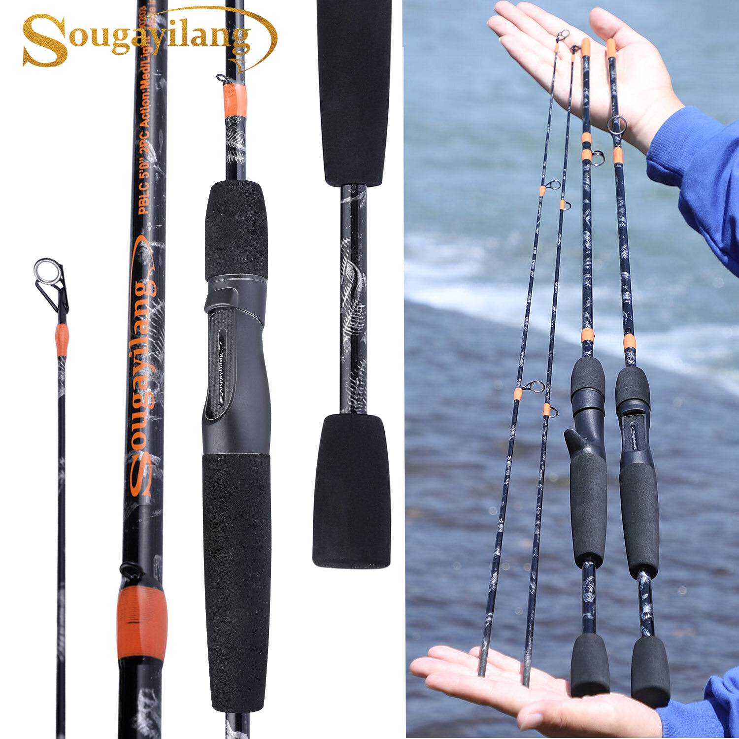 Sougayilang New Fishing Rod 5FT 1.5M Medium Power 2 Section Spinninig Casting Fishing Rod Carbon Fiber Fishing Pole for Freshwater and Salwater