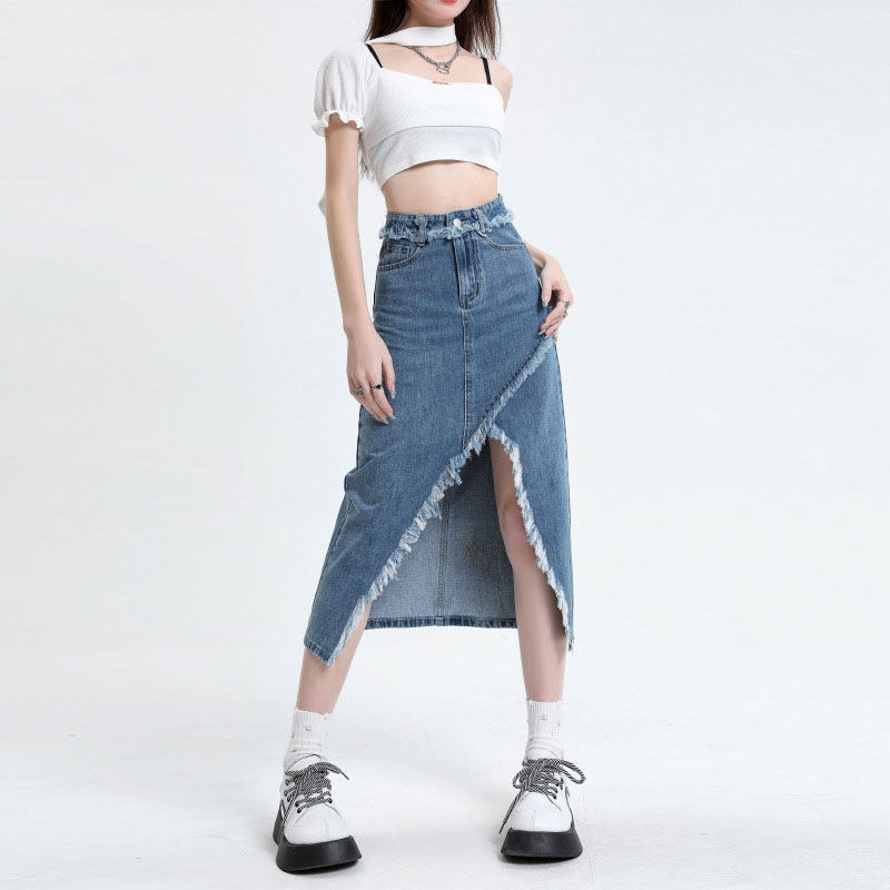 IEF Women's New Korean Style High Waist Loose Denim Skirt Midi Skirt