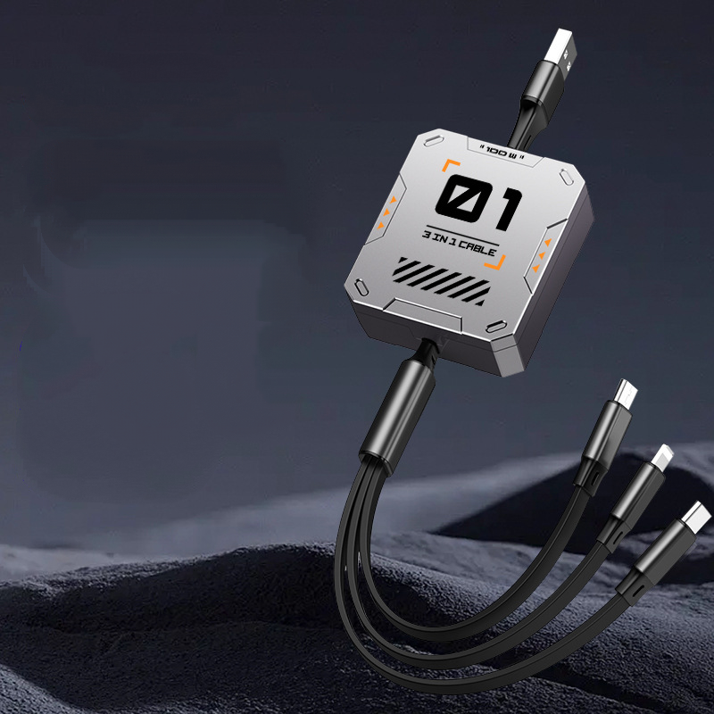 6A Super fast-charging retractable three-in-one data cable One-to-three fast-charging mecha wind charging cable