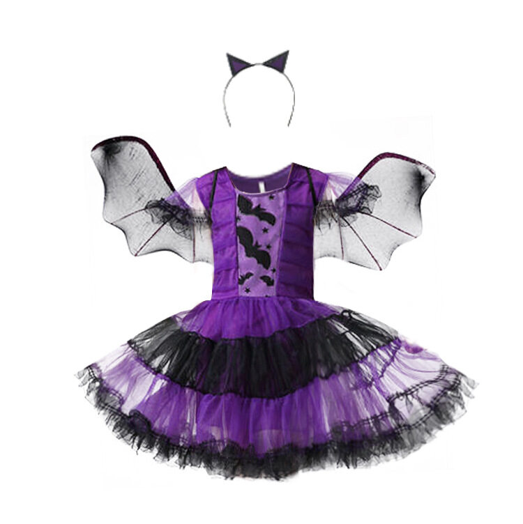 Girls Halloween Costumes Witch Wizard Dress with Bat headband & bat wing Christmas Role Play Cosplay Party Dress-up Supplies Purple