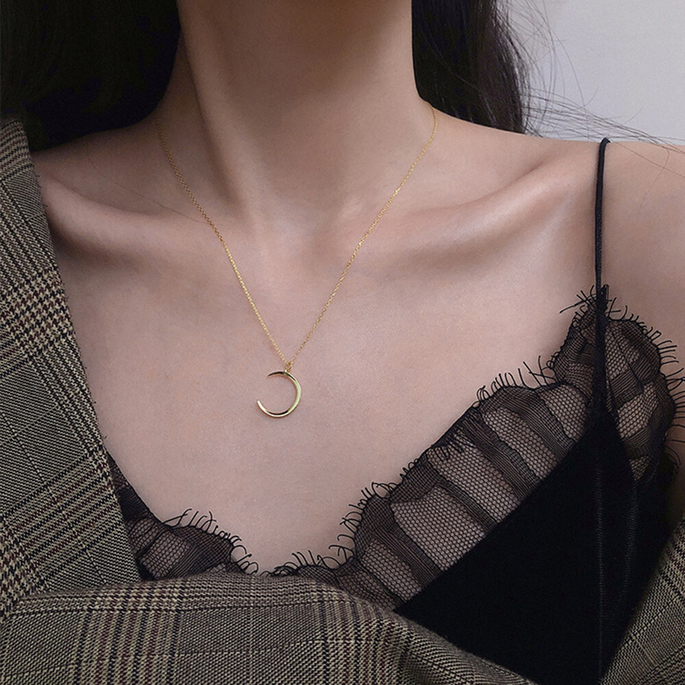 sanhe Simple Moon Pendant Necklace for Women Ladies Long Chain Gold Silver Choker Jewelry