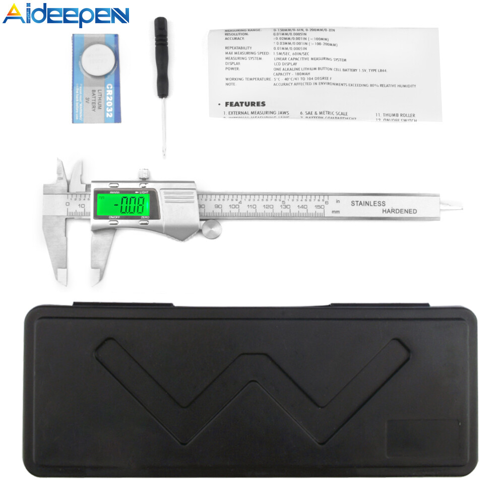 Original Aideepen Digital Calipers Electronic Vernier Calipers with Stainless Steel Metal Shell Choose 0-150mm /0-200mm/0-300mm /0-150mm with Backlight Screen