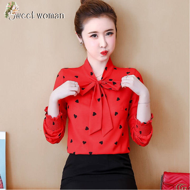 【SW】2020 bow tie V-neck long sleeve shirt with polka dot pattern