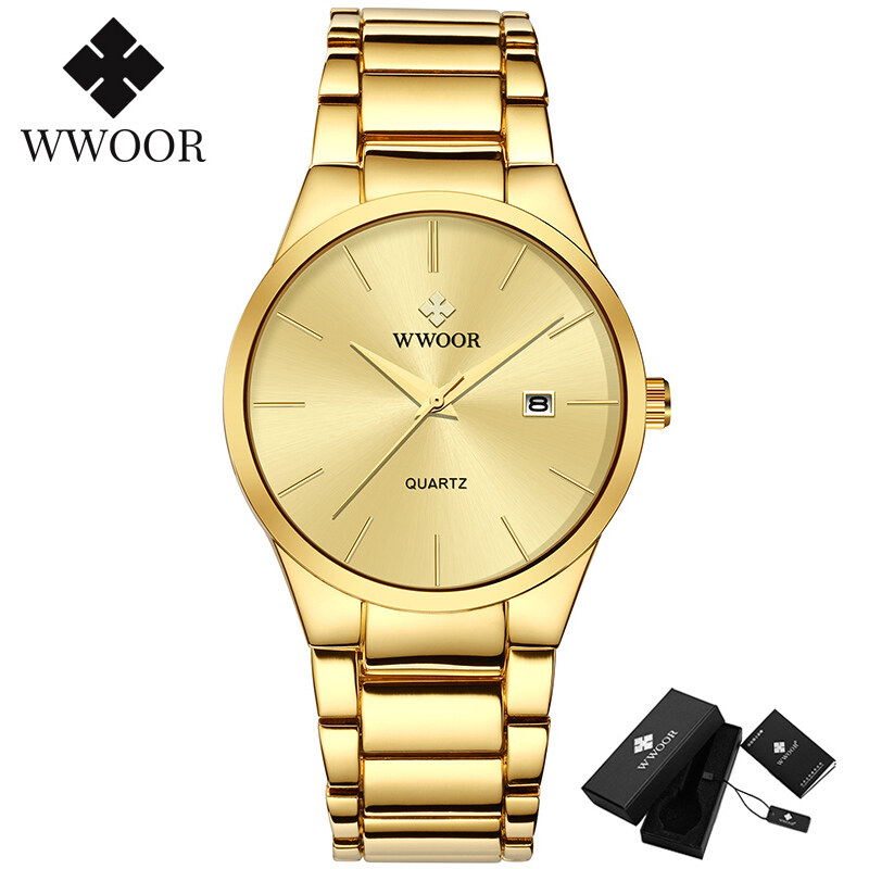 WWOOR Classic Men Watches Waterproof Stainless Steel with date Quartz Wrist Watch Luxury Gold Business Dress Clock Male