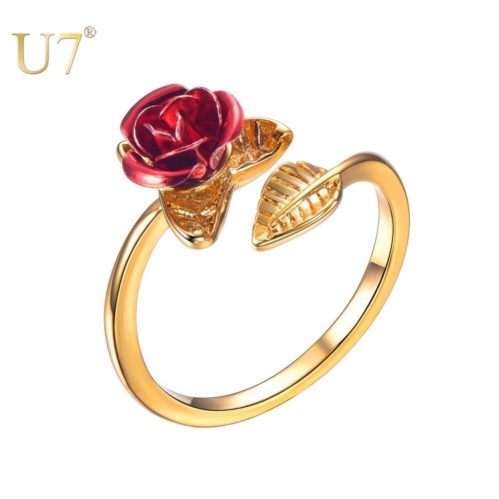 U7 Mawar Merah Bunga Taman Daun Resizable Jari Cincin untuk Wanita Hari Kasih Sayang Hadiah Perhiasan Penjualan Terlaris 2019 Cincin Terbuka R1019