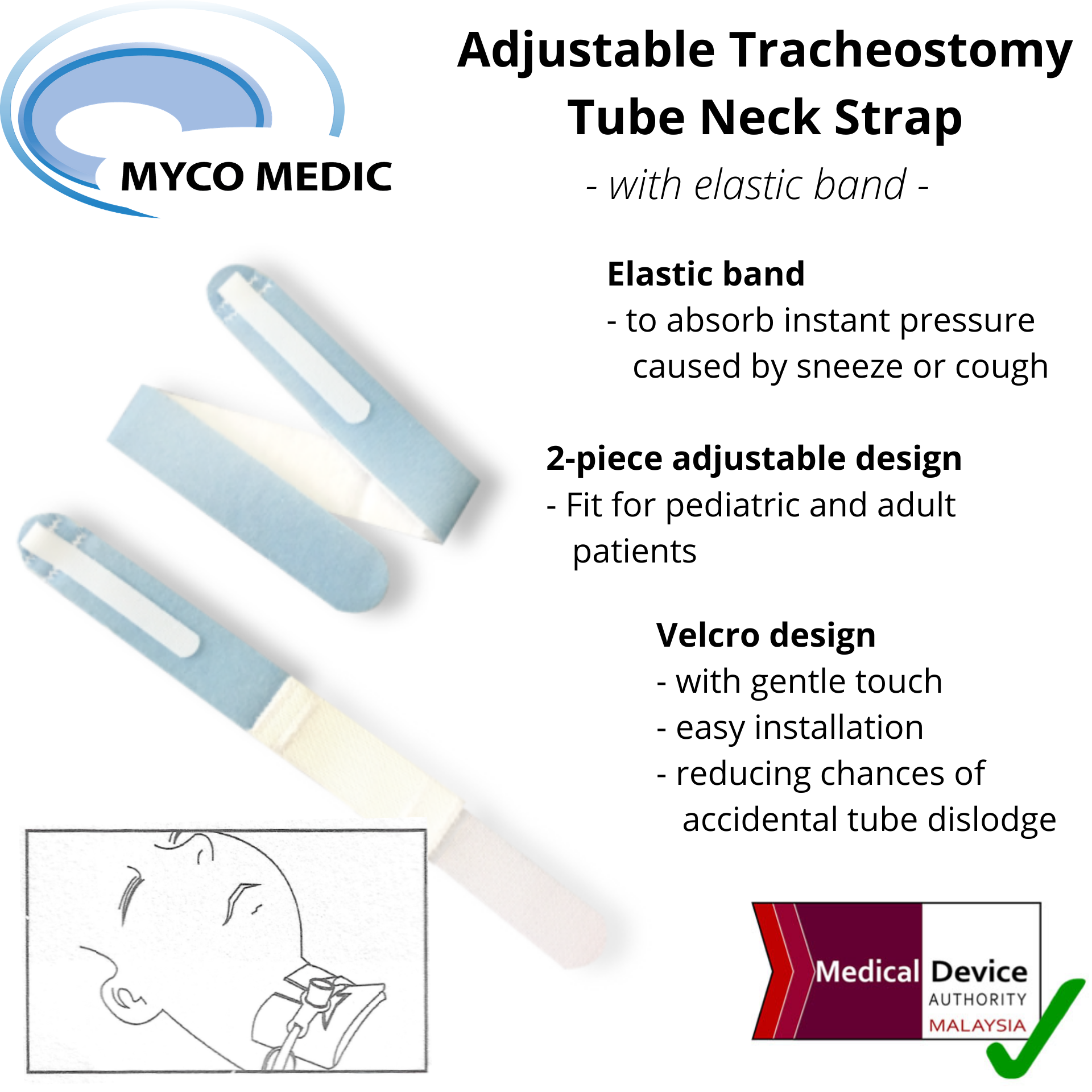 Adjustable Tracheostomy Tube Holder / Neck Strap with elastic band