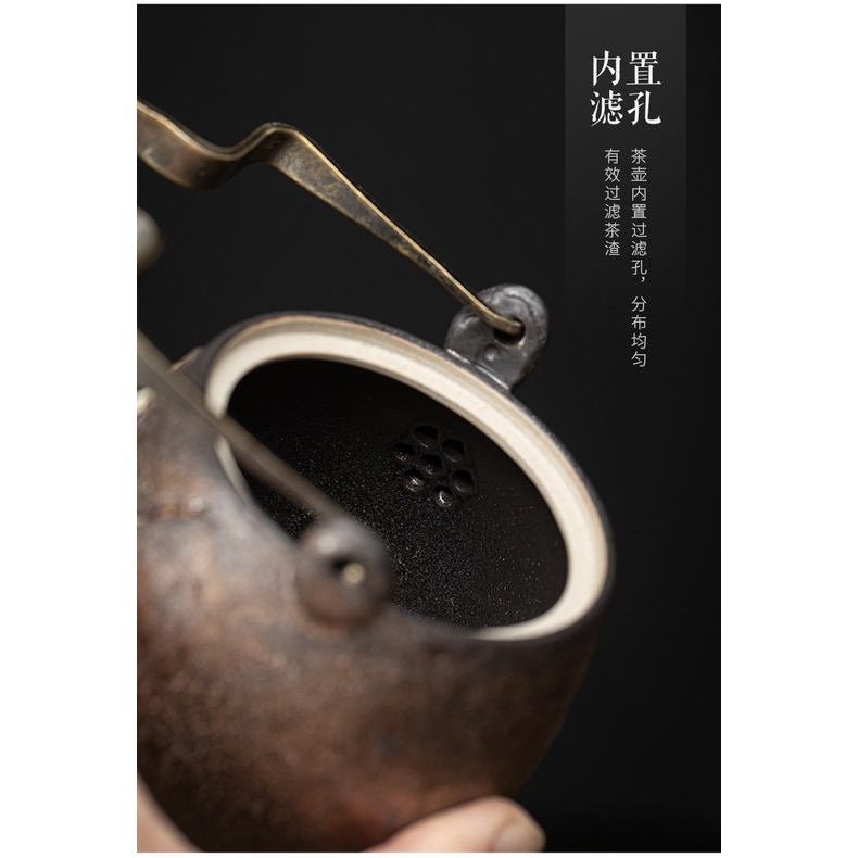 茶壶小号复古日式鎏金铁釉禅莲提梁壶 陶瓷功夫家用单壶泡茶器