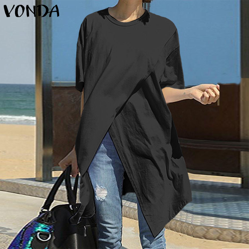 VONDA Women Half Sleeve Long Tunic Shirt Top Crew Neck Loose T-shirt Tee Plus Size