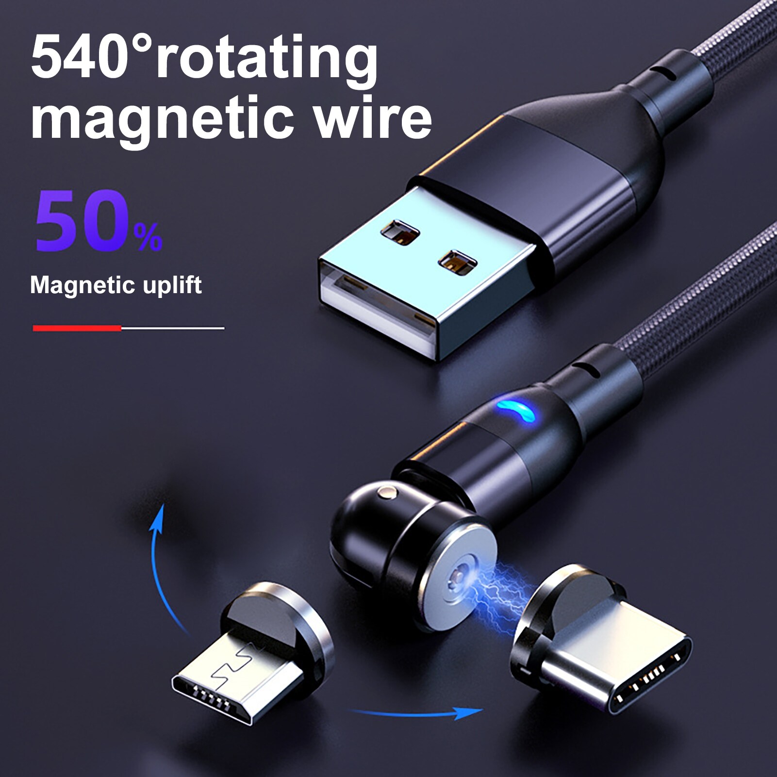 1m/2m 540 Degree Rotatable Magnetic QC3.0 Micro-USB Type-c Fast Charging CableQuick Charging Cable Is Suitable For Android Micro Usb Type-C Magnetic Charging Head Mobile Phone Charging Cable