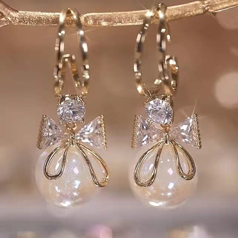 Bông Tai Mặt Hình Nơ Đính Đá Zircon Pha Lê Xu Hướng Thời Trang Cho Nữ Bông Tai Lủng Lẳng Giả Ngọc Trai Dự Tiệc Cho Nữ Trang Sức Bán Buôn Sang Trọng