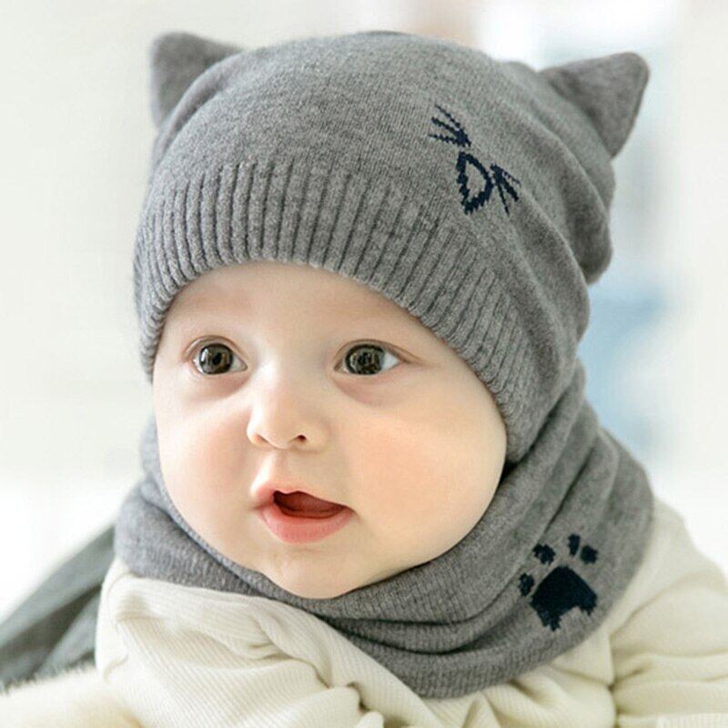 I Love Daddy&Mummy 2Pcs/Set Baby Hat Scarf With Ear Knitted Warm Cartoon Cat Newborn Baby Boy Girl Hat Cap Winter Hat Beanie Scarves Suits