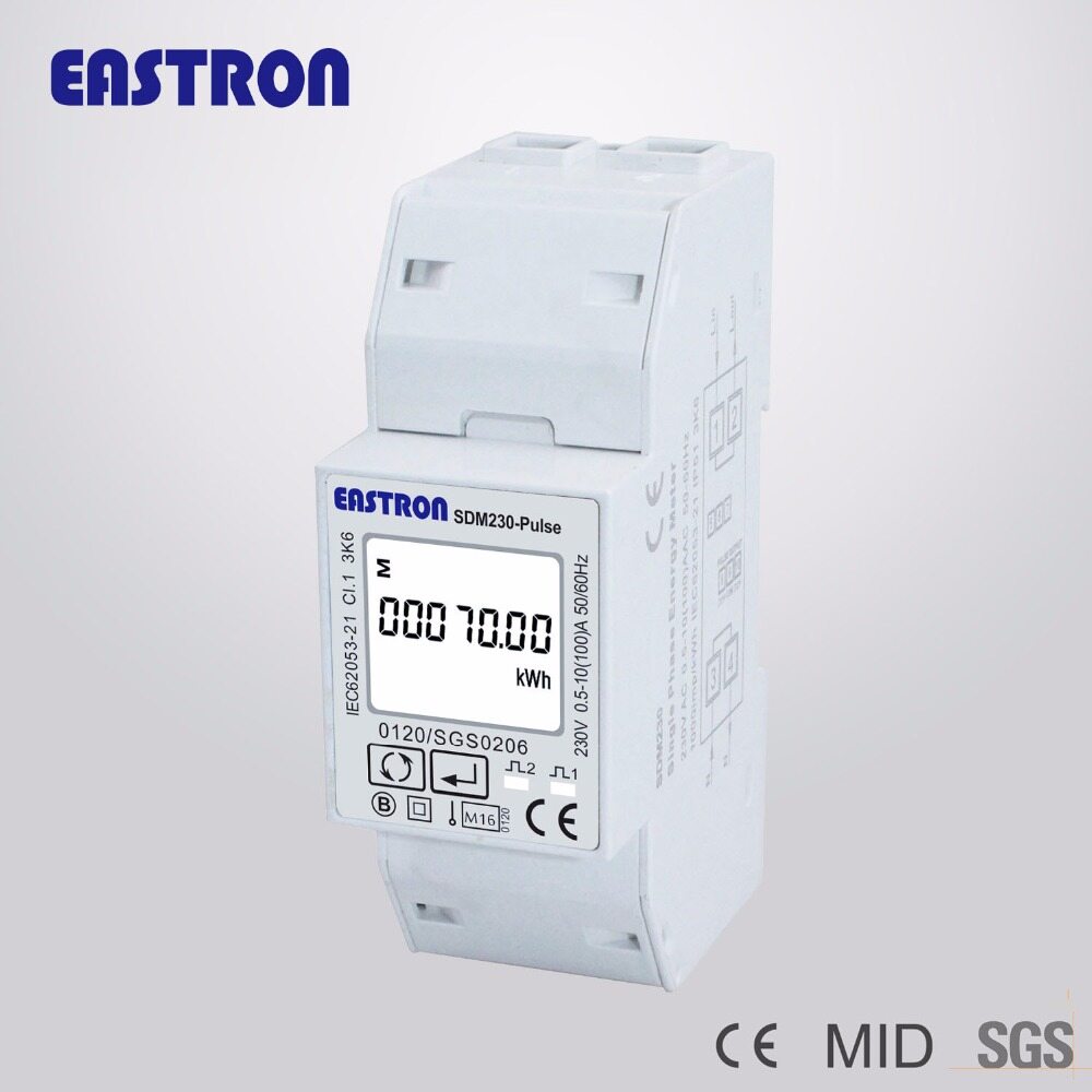 Sdm230-pulse ce 100a single phase din rail energy meter watt-hour kwh meter, pv solar power meter non mid