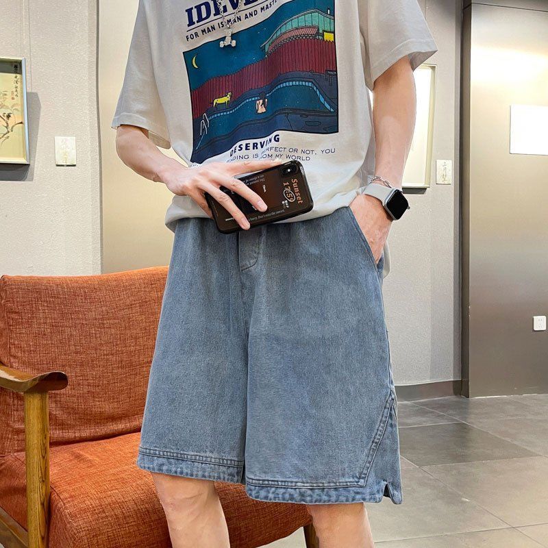 Plus size Split denim shorts for men Korean style highwaist oversized loose vintage street fashion pants