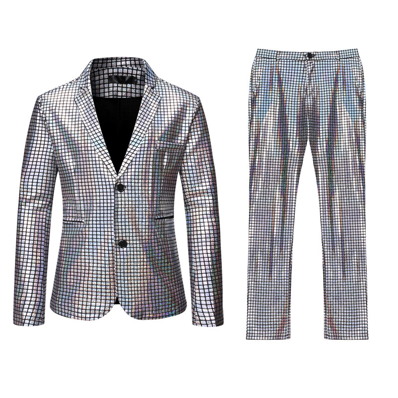 Mens Stage Prom Suits Gold Silver Rainbow Plaid Sequin Jacket Pants Men