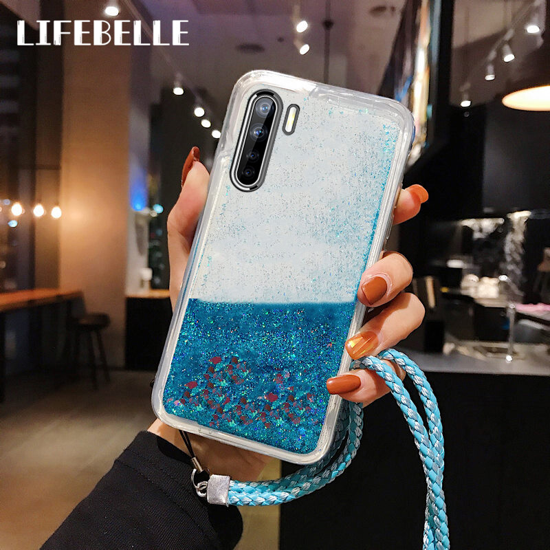 LIFEBELLE For OPPO Reno 3 Case with Long Lanyard, Luxury Glitter Stars Dynamic Sparkle Liquid Quicksand Pretty Phone Case Clear Silicone Shockproof Casing Back Cover Girls Women Lady for OPPO Reno3