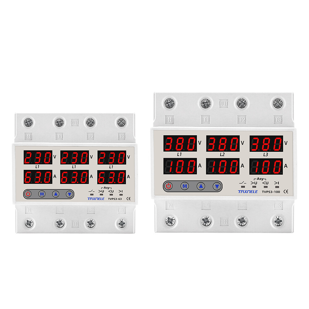 Three Phase Voltage Current Relay Protector 100A 63A 220V 380V 3P Over Under Voltage Relay Current Limiter Adjustable Protect