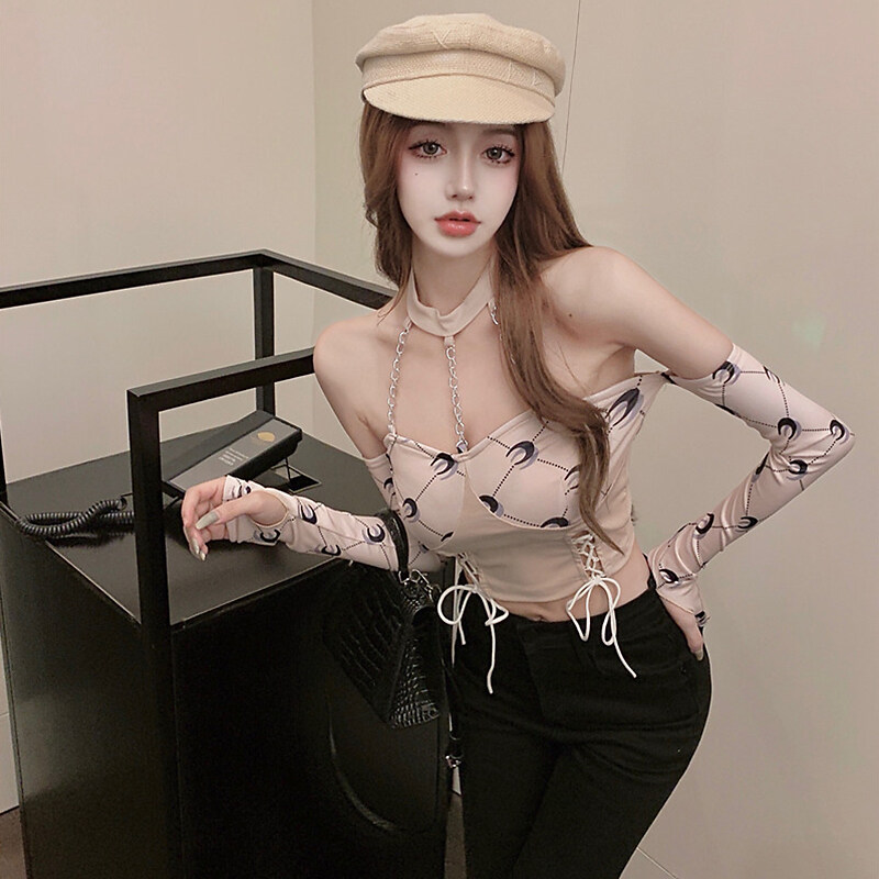 [Dream-Life】áo Thun Nữ Dài Tay Có Dây Áo Hở Rốn Hở Vai Khâu Họa Tiết Thời Trang