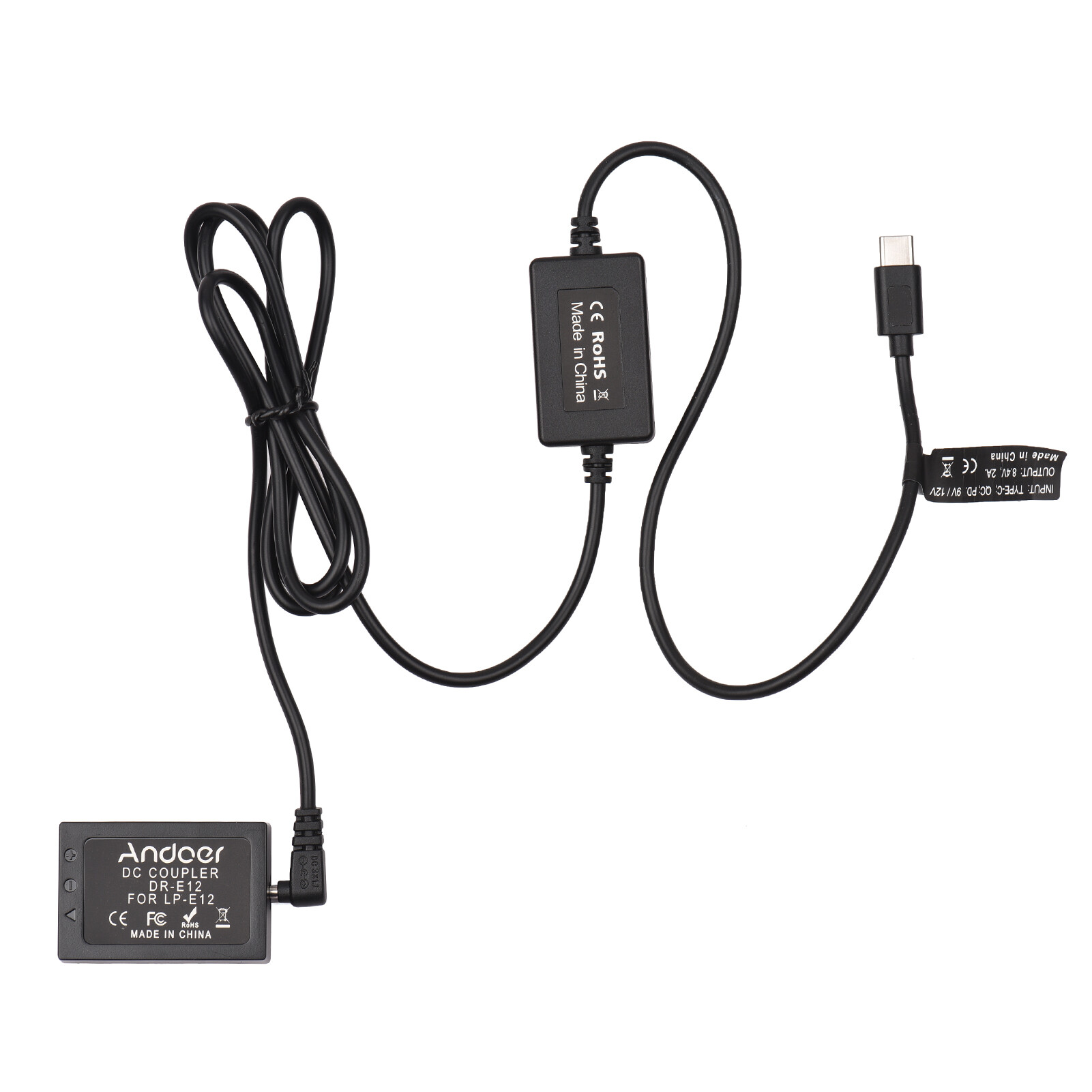 Andoer PD USB Type-C Cable to DR-E12 Dummy Battery DC Coupler LP-E12 Replacement for Canon EOS M2 M10 M50 M100 M200 Cameras