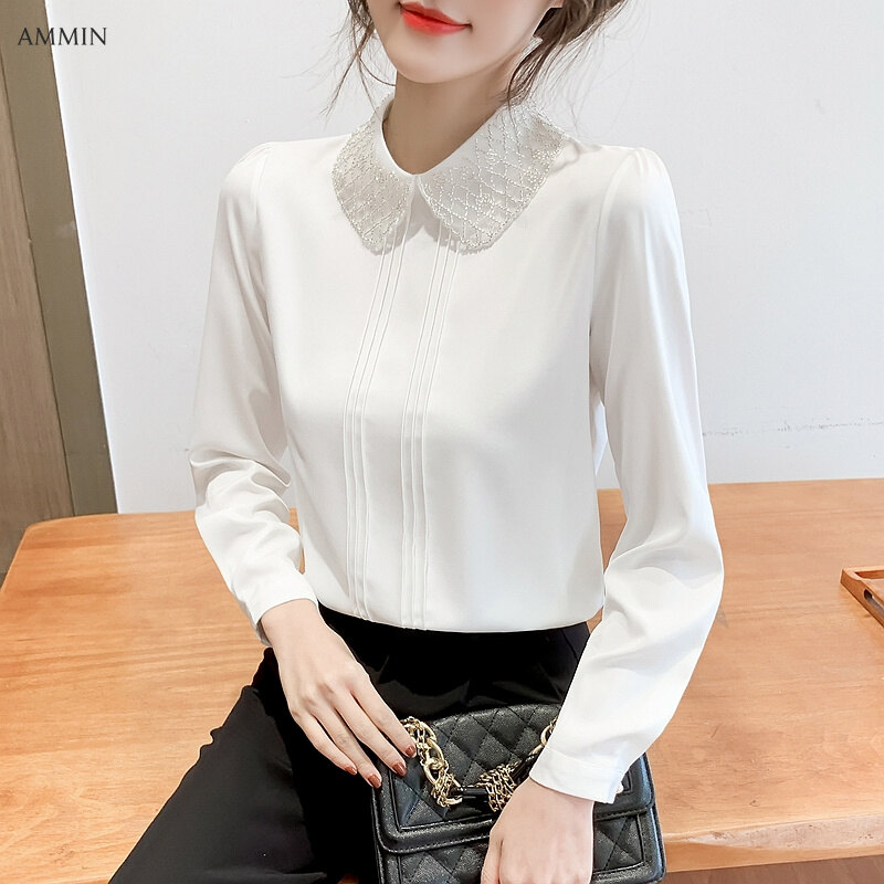 AMMIN Top Chiffon shirt female organza mesh doll collar of 2021 spring beaded long sleeve OL elegant lady's blouse