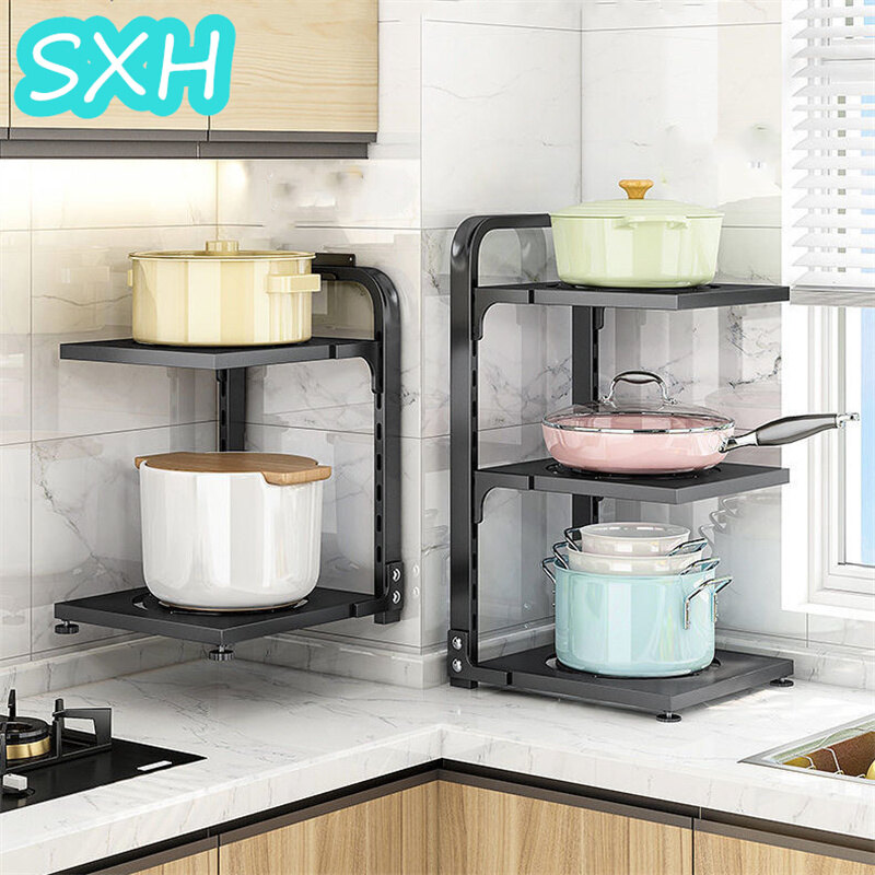 SXH Kitchen Pot Rack Rack New Multi-Layer Adjustable Sink Cabinet Inner Corner Countertop Dish Storage Rack Kitchen Organizers