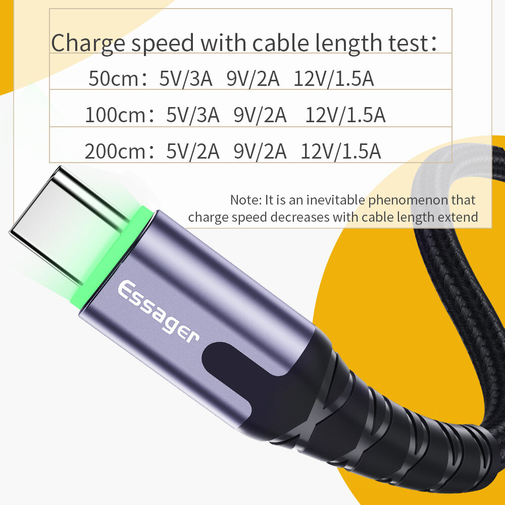 Essager Cáp USB Type-C LED Dây Dữ Liệu Sạc Nhanh Cáp Sạc USB Type-C Cho Samsung Xiaomi LG Mobile Dây Dữ Liệu Sạc 0.5M/1M/2M
