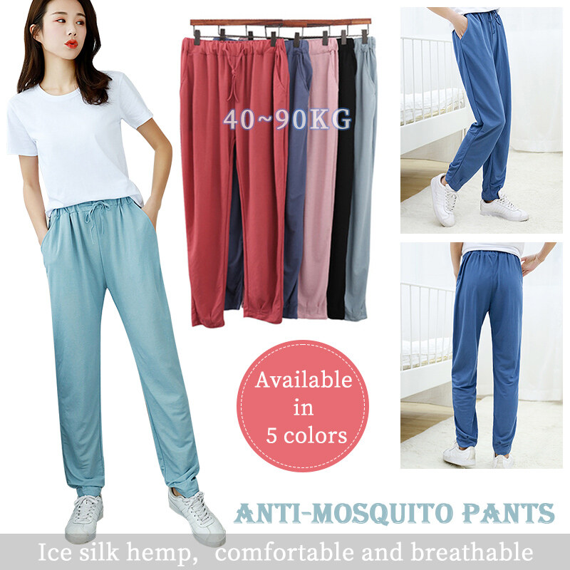 2020 Summer Lce Silk Pants Women Casual Drawstring Mosquito Long Pants Ladies Cotton Solid Color Plus Size Yoga Outdoor Running Trousers Korean Style Loose pocket Pants Black