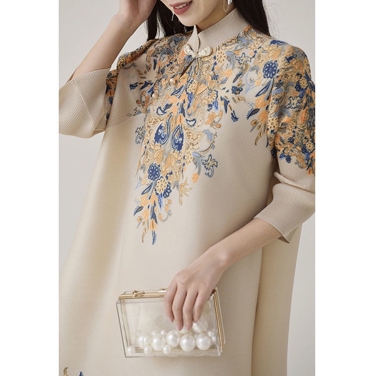 [NOVA quality] Miyake pleated and elegant temperament floral midi skirt,  spring and summer new cheongsam collar design dress
