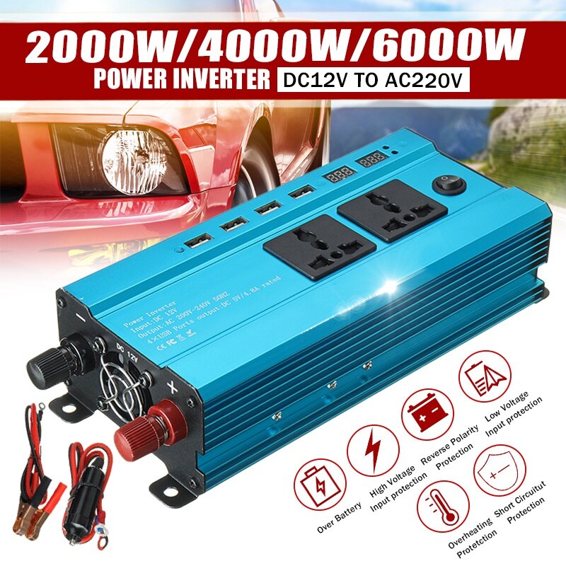4usb dc 12v to ac 220v solar inverter inverter voltage transformer converter led display inverter+socket blue 2000/4000/6000w