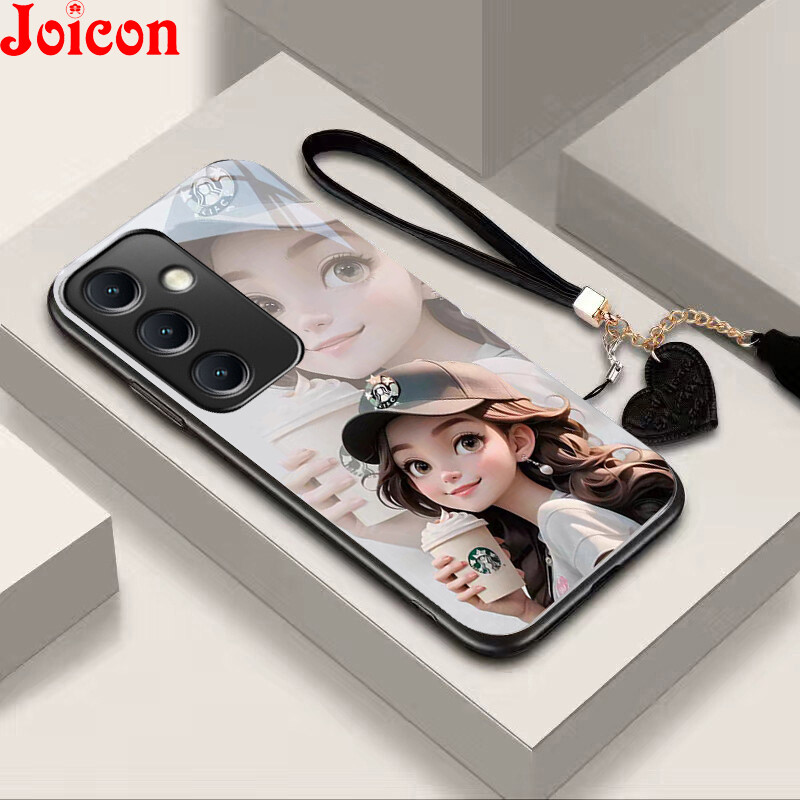 Case Samsung Galaxy A15 A55 A25 5G Casing Luxury Liquid Tempered Glass Cover Cute Cartoon Runway Princess Lens Camera Protection Shockproof Phone Shell With Cute Lovely Heart Hand Strap Lanyard