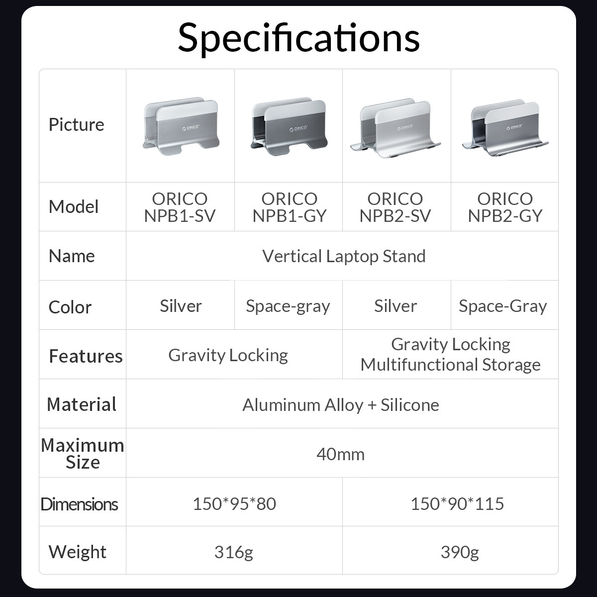 ORICO Aluminum Vertical Laptop Stand Gravity Locking Holder Desktop Notebook Stand Tablet Stand for Storage